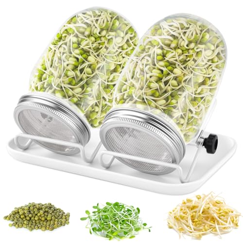 FoiiLiio Kit de Germinador de Semillas, 2 Frascos de Germinación, Incluye 2 Tapas de Colador de Acero Inoxidable, 2 Soportes, 1 Blanco Bandeja, Conjunto de Germinador