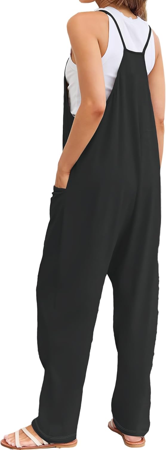 Buauty Jumpsuits for Women Casual V Neck Sleeveless Baggy Overalls Spaghetti Strap Jumpers with Pockets Summer Romper Clothes - Image 3