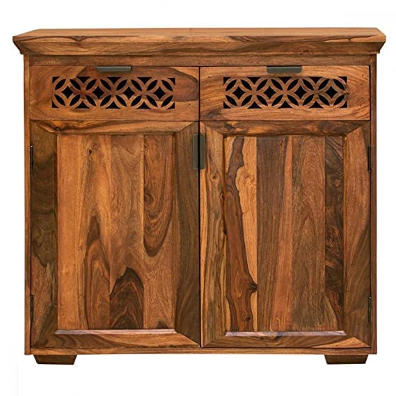 Image of Solid Sheesham Wood Multipurpose Sideboard Storage Cabinet with 2 Drawers & 2 Door for Home and Living Room Furniture (Honey Teak)