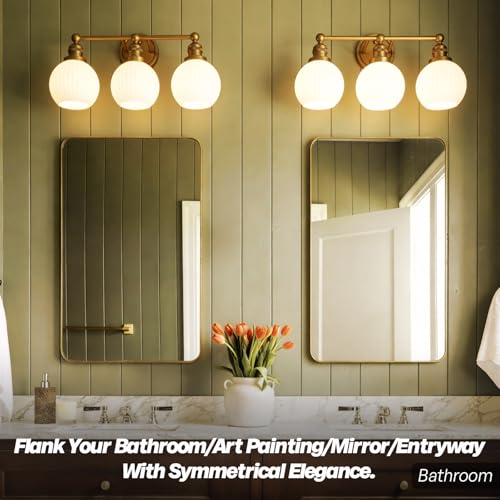 Image of 3-Lights Bathroom Light Fixtures, Vintage Milk White Glass | Hardwired Gold Wall Mounted Lamp for Bathroom Mirror to Elevate Decor & Refresh Older Home's Look,DIY-friendly,UL,E26