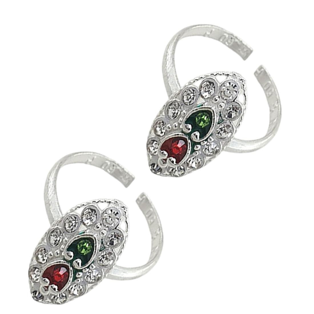 sahiba gems Pure Silver/Chandi Rich Look Antique Toe Rings/Chutki with Red & Green Stone Cz For Women ~ Pack in 2 Pieces-picture-43