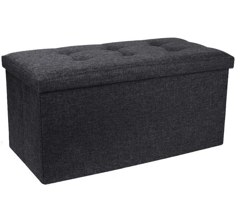 A406 Folding Ottoman Storage Box with Lids Pouffe Seat Stool Foot stool Storage Unit Bench Foot Rest Stool 38cm Grey Black Beige Green (Black-Linen.76cm)