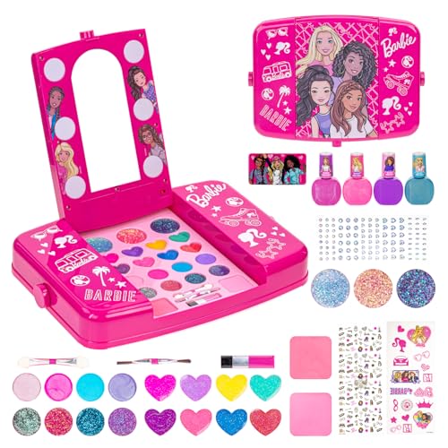 Townley Girl Barbie Conjunto de toucador de beleza com espelho iluminado | Inclui brilho de lábios, sombra de olhos, pincéis, verniz de unhas, acessórios e muito mais! Idade 6 festas, pijama