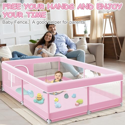 Image of XVISHX Baby Playpen 50 x 50 Inch Play Pen Playards, Playpen for Babies and Toddlers, Baby Playard for Indoor & Outdoor Active Center Game Fence, with Skin-Friendly Fabric and Soft Breathable Mesh Pink
