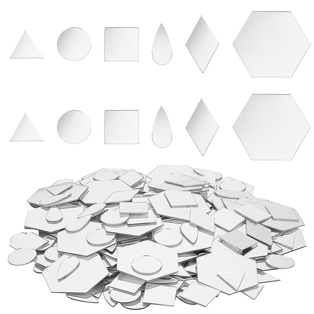 PH PandaHall 300 espejos plateados de 6 formas para manualidades, azulejos de espejo autoadhesivos, calcomanías de espejo acrílico, círculos pequeños para enmarcar, manualidades, proyectos de