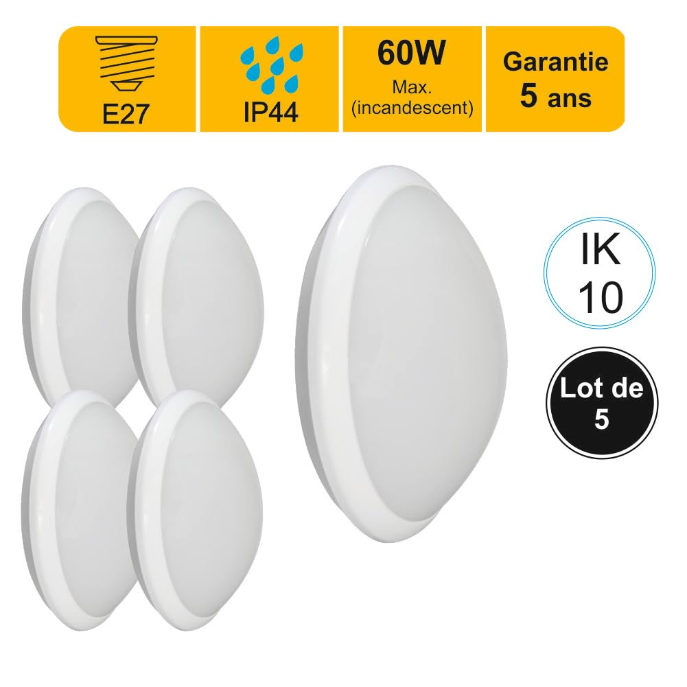 Lot de 5 appliques d'extérieur Hublot E27 rond IP44 IK10 - garantie 5 ans