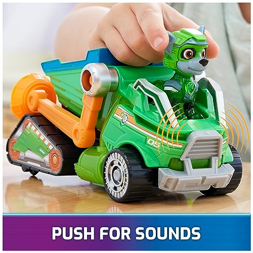 Image of Paw Patrol: The Mighty Movie, Toy Garbage Truck Recycler with Rocky Mighty Pups Action Figure, Lights and Sounds, Kids Toys for Boys & Girls 3+
