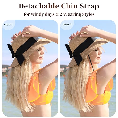 Image of Beach Hats for Women - Sun Hat Womens, Wide Brim Straw Womens Sun Hat with Wind Lanyard Roll Up Foldable UV Protection