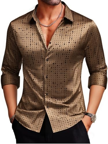 Damipow Men's Silk Satin Dress Shirts Long Sleeve Casual Button Down Shirt Party Prom Wedding Shirt2