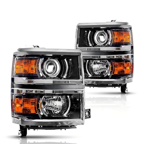 Torchbeam Projector Headlight Assembly Replacement OE Headlamp Compatible with 2014 2015 Chevy Silverado 1500 LTZ/High Country Amber Reflector Chrome Housing Driver and Passenger Side