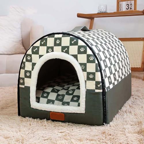 Cuccia per cani 2 in 1, recintata, calda, con cuscino anti-ansia rimovibile, cuccia a igloo antiscivolo (M, verde)