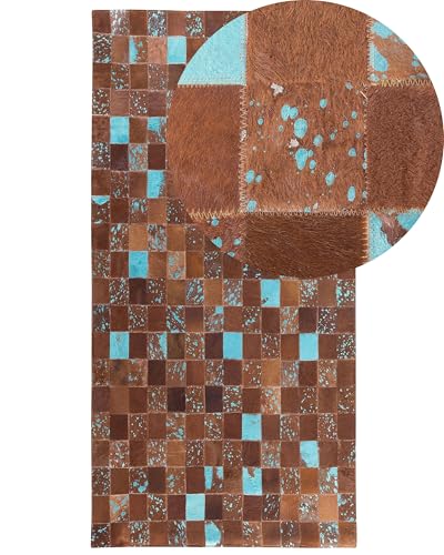 Beliani Tapis Patchwork 80 x 150 cm en Peau de Vache Marron et Bleu Fait à la Main Aliaga