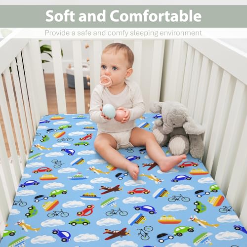 Image of Planes Automobiles Transport Baby Crib Sheets for Boy Girl 28 inchx52 inch Airplanes Boats Bike Car Clouds Blue Soft Stretchy Fitted Crib Mattress Cover Travel Baby Sheet for Standard Crib & Toddler Mattress