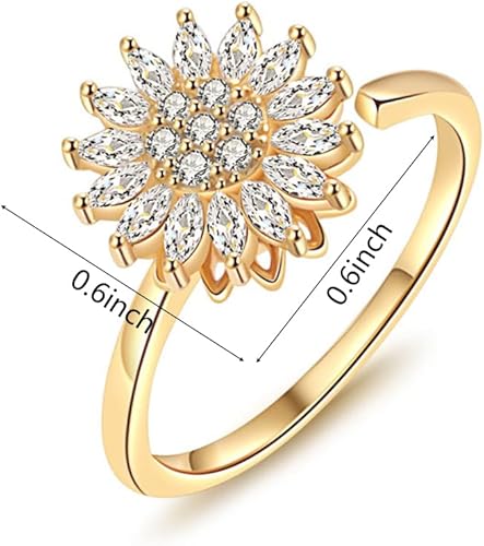 Miniatura 4 de Anillo giratorio de girasol para mujer, no se deslustra, anillo giratorio para el estado de ánimo para la ansiedad, ajustable, para aliviar el