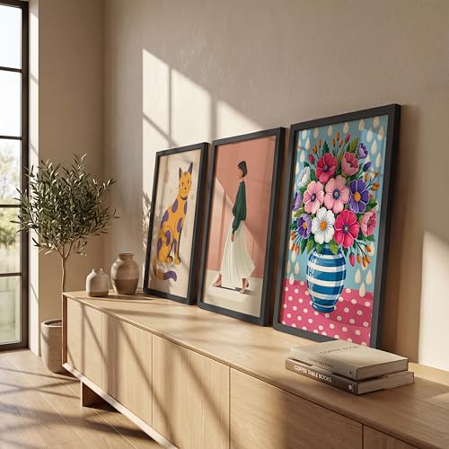 Image of NoWorries Modern Cat Illustration Wall Art Framed Painting Set of 3 | Minimalist Woman Portrait Prints with Frame | Colorful Floral Vase Artwork | Boho Scandinavian Home Decor Wall Frames for Living Room, Bedroom and Office Wall Gallery (Ready to Hang) (Art-12, 10x13inch, Wooden)