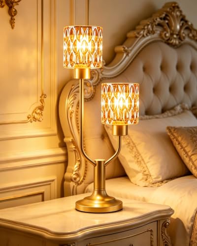 Image of Lightdot Mid Century Modern Table Lamp Vintage Gold Lamp Dimmable Gift | Nightstand Lamp Amber Glass Desk Lamp 2 Bulbs Included Warmwhite Ambient Bedside Lamps for Bedroom Living Room Home Decor
