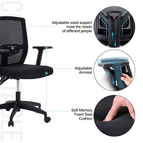 Office Chair Ergonomic Home Desk Chair Mid Back Mesh Computer Chair With Lumbar Support Executive Stool With Adjustable Armrest & Seat Cushion Rolling Swivel Desk Chair (Adjustable Armrest, Black) #TOP3