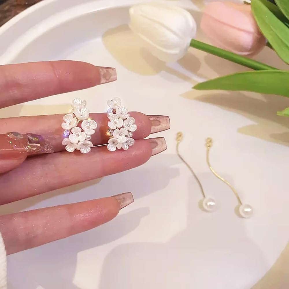 Flower Pearl Long Tassel Earrings for Women White Pearl Petal Flower Dangle Statement Earrings Boho Plant Floral Drop Earrings Charm Jewelry Gifts - Image 5