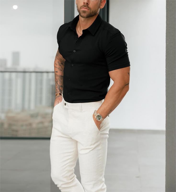 Men’s Muscle Fit Dress Shirts Athletic Slim Fit Short Sleeve Stretch Casual Button Down Shirt - Image 3