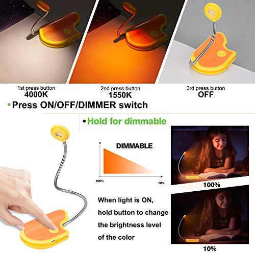Image of Amber Reading Light Rechargeable, Book Light Kids for Reading in Bed, Clip On Reading Book Light, 2 Lighting Modes, Blue Light Blocking for Eye-Care, Small Bookmark Light for Bookworm-Yellow