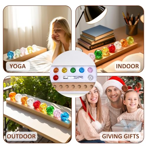 Yolispa Kristallkugel Nachtlicht, 7 bunte Glaskristallkugeln mit LED- Holzsockel, 40mm/ 1. 57in Eis geknackt Kugeln Chakra Kugeln für Zuhause, Wohnzimmer, Dekoration