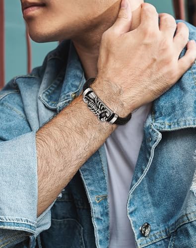 Pulsera hombre cuero con acero inoxidable bañado en oro 18K miniatura 5