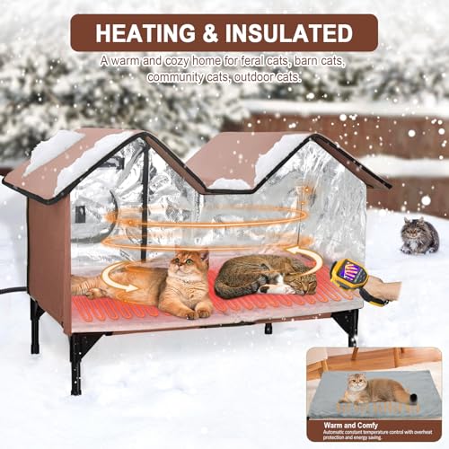 Beheiztes Katzenhaus, Vergrößerte Katzenhaus Outdoor Winterfest Isoliert mit Fluchttüren und Heizpolster für Mehrere Katzen Hunde, Erhöhte Wasserfeste Robuste Katzenhöhle für Draußen (Braun)