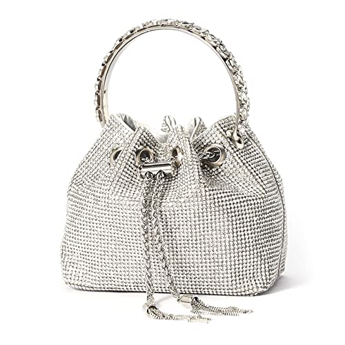 Borsa a Secchiello da da Sera con Pochette Glitter Borsetta da Cerimonia da Matrimonio a Tracolla Brillante donna elegante argento strass