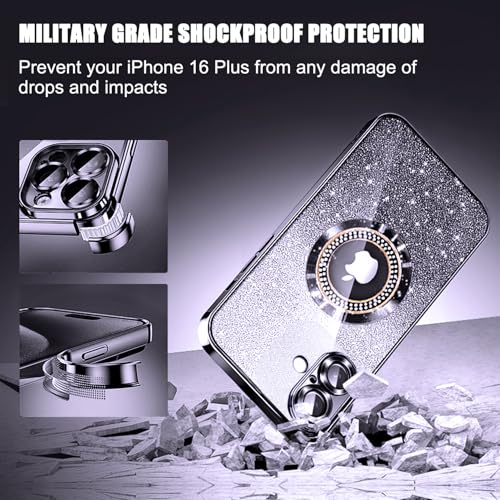 Image of Misscase for iPhone 16 Plus Magnetic Glitter Case Compatible with MagSafe,Full Protection Slim Shockproof Anti-Scratch Case with Camera Lens Protector Logo View Dust-Proof Net for Women Black