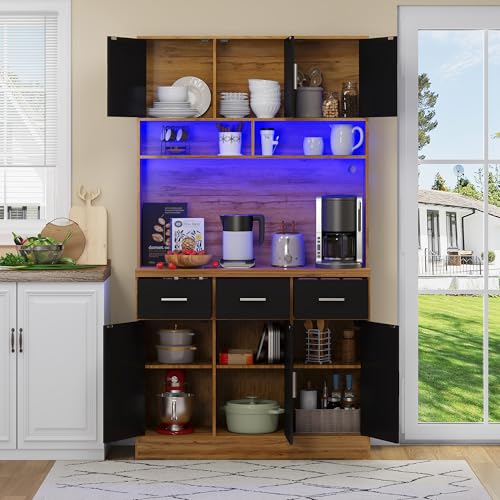 LAKFEW Alacena de Cocina con Enchufe y Iluminación LED, Armario Cocina con 6 Puertas y 3 Cajones, Alacena Cocina con Estantes Ajustables y Dispositivo Antivuelco, 100x40x180 cm, Natural+Negro