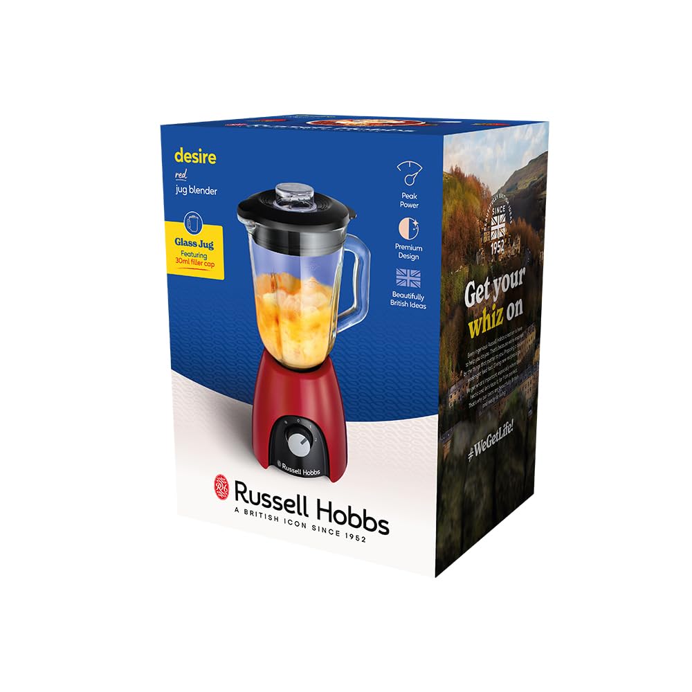 Russell Hobbs Batidora de Vaso para batidos, zumos y papillas, vaso de cristal de 1,5 l, 2 velocidades con función Pulse, cuchillas de acero inoxidable, sin BPA, 850 W max, Desire 27121-56