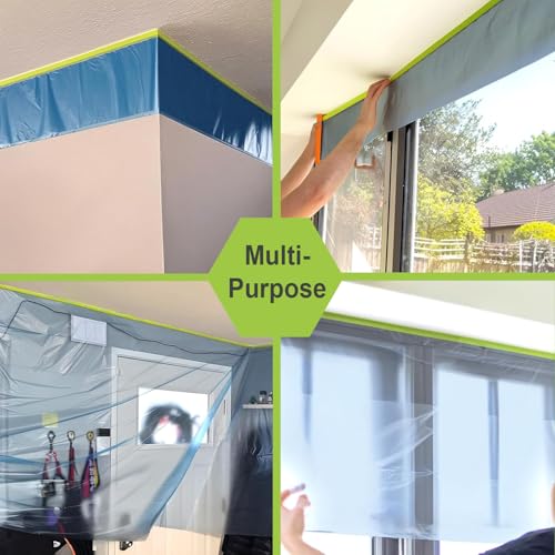 Image of Pre-Taped Masking Film for Painting - 44 inch x 66' Plastic Sheeting with Automotive Paint Tape, Easy Tear, No Residue - Painter's Tape and Drape for Car, Wall, Window & Furniture Protection