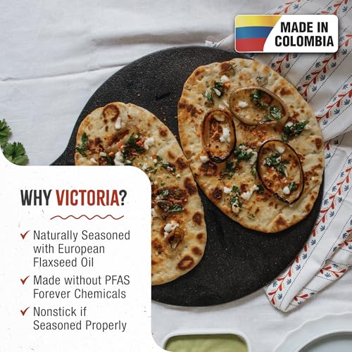 Image of VICTORIA Pre-Seasoned Cast Iron Tawa, 12 Inch (30.5 cm) | Heavy Duty Dosa, Roti, Pizza & Crepe Pan | Naturally Non-Stick Flat Griddle | Induction, Gas, Oven, BBQ Safe