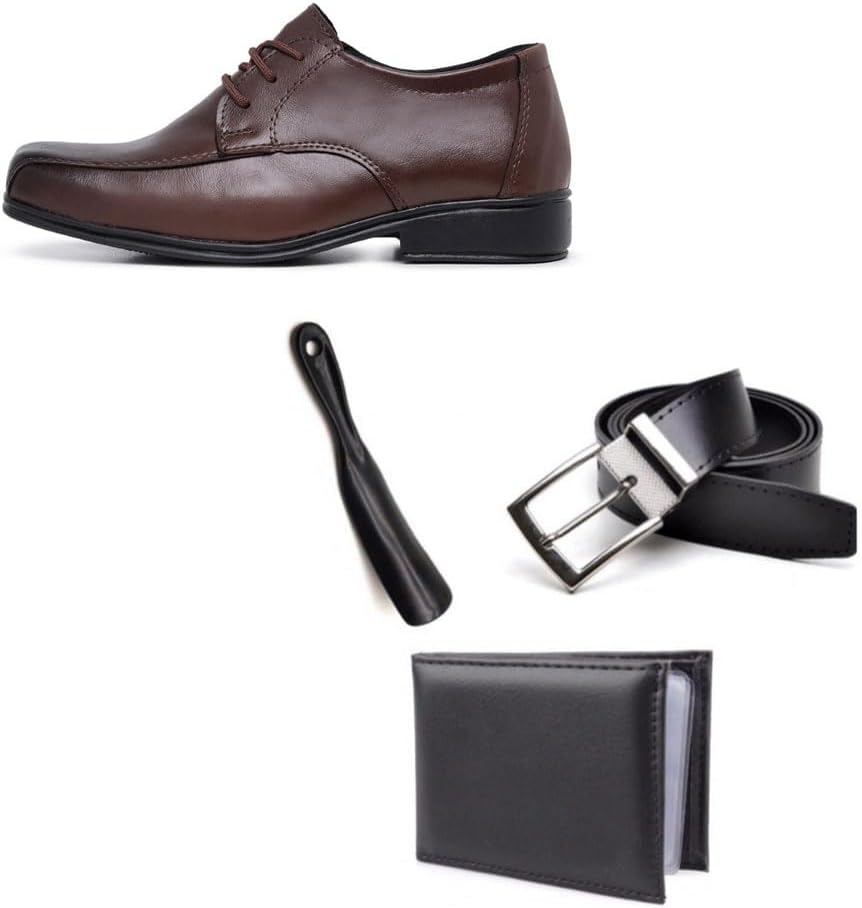 Kit Sapato Social Infantil Menino Solado PVC Cadarço Igreja Com Carteira Cinto e Calçadeira