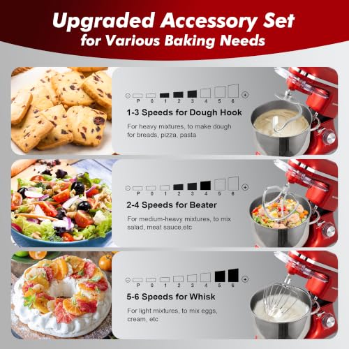 Image of Aucma Stand Mixer, 8QT 900W 6-Speed Tilt-Head Food Mixer, Kitchen Electric Mixer with Dough Hook, Wire Whip & Beater (Red, 8QT)