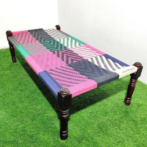 Image of Solid Sheesham Wood Charpai Khat Bed | Wooden Khatiya Charpai Desi | Handcrafted Khatiya Bed with Cotton Rope | Strong Khat for Indoor & Outdoor Use | 6X3 Feet | Dhab Colorful