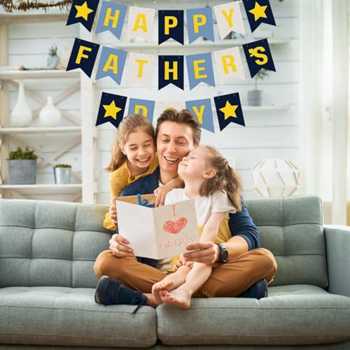 Image of Happy Father's Day Glitter Black Beer Bunting Banner for Dad Father's Party Decorations Backdrop Garland for Father's Day (Dark Blue Light Blue)