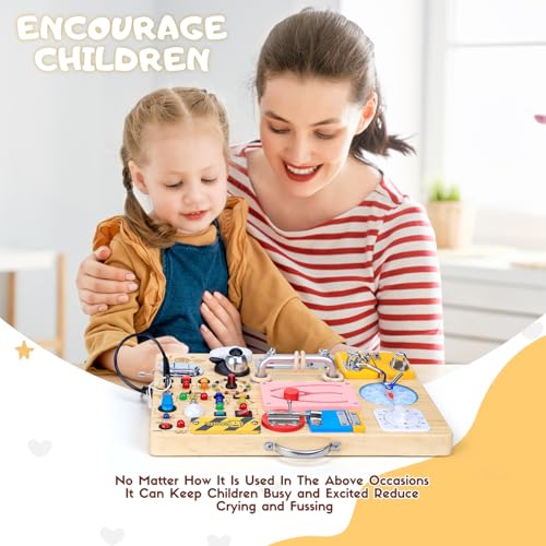 Image of Busy Board with 13 LED Light Switches and 12 Activity, Montessori Toys for Toddlers, Wooden Toy Sensory Activity Board, Travel Toys for 1+ Year Old Boy & Girl Birthday Gift (25 in 1 Busy Board)