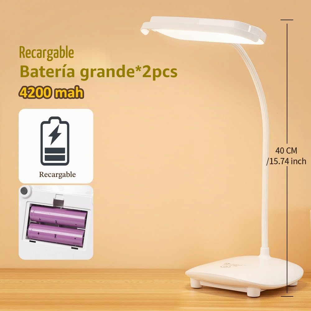 Lámpara de lectura de escritorio LED recargable inalámbrico 2 pilas 3200 mAh, luz de mesa flexible de cuello de cisne, función de memoria, para dormitorio cabecera niños estudio