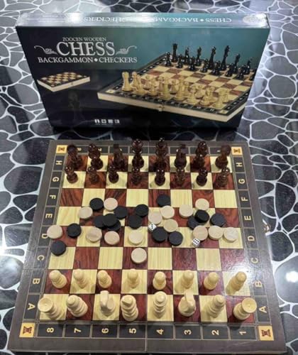 Image of Premium Wooden Chess Set, 3-in-1 Board Game with Backgammon and Checkers, Foldable