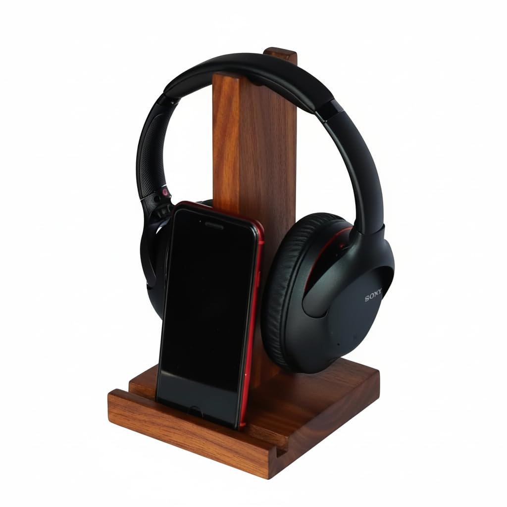 Trendy Wood Handicraft Handcrafted Sheesham Wood Headphone & Mobile Stand | Dual Holder for Desk Organization | Perfect for Gamers & Office Use