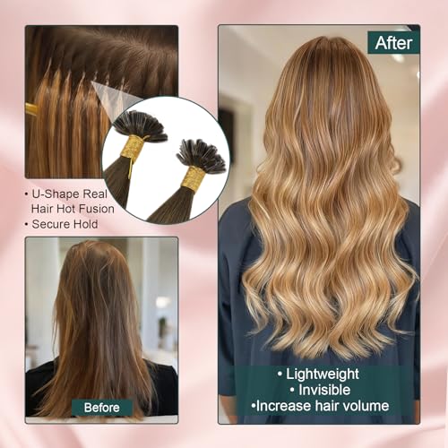 Image of Easyouth U Tips Hair Extensions Brown, Invisible Keratin Hair Extension | 14 Inch 50G 50S, U Tip Hair extension, Balayage Chocolate Brown Mix Caramel Blonde, Hot Fusion Hair, for Women