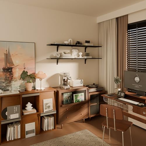 Image of 12 Inch Deep Floating Shelves Set of 2, 60 Inch Extra Wide Black Solid Wood Wall Shelves, 5ft Heavy Duty Farmhouse Wall Mounted Shelving for Kitchen, Living Room & Bedroom