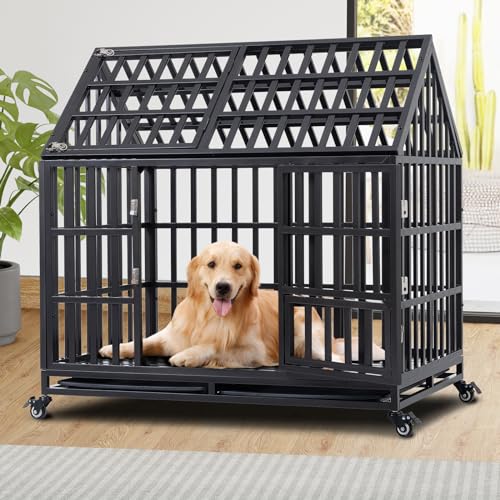 Heavy-Duty-Dog-Kennel-Escape-Proof-Dog-Crate-for-LargeMedium-Dogs-43-Inch-Indestructible-Dog-Crate-with-Trays-Feeding-Door-High-Anxiety-Dog-Crate-Dog-Kennel-Indoor-with-Lockable-Wheels - Cucciolini Doodles   Heavy-Duty-Dog-Kennel-Escape-Proof-Dog-Crate-for-LargeMedium-Dogs-43-Inch-Indestructible-Dog-Crate-with-Trays-Feeding-Door-High-Anxiety-Dog-Crate-Dog-Kennel-Indoor-with-Lockable-Wheels