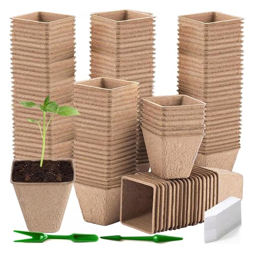 JAADU Pots Biodégradables,100 Pièces 8 CM Pot de Semis de Plante,avec 100 étiquettes de Plantes +2Pcs Outils de Repiquage,Peti Pots pour Plantation Graine...