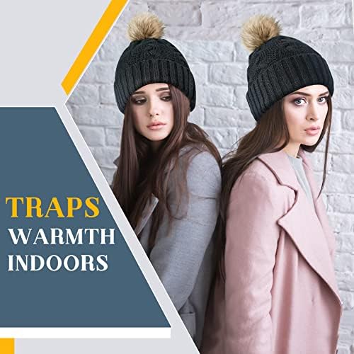Amazon Brand HIKARO Winter Hats for Women Gifts for Women Pom Pom Hats Valentine's Day Gifts, Bobble Beanie Hat Ladies Knitted Fleece Lined Thermal Hats for Outdoor Ski Black One Size