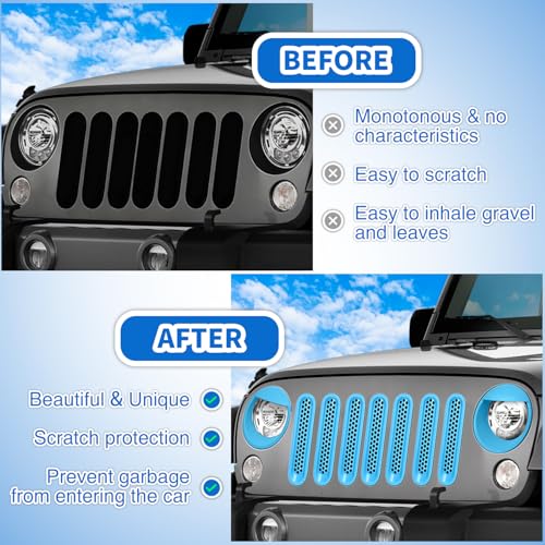 Image of Nilight Grill Inserts fit for Jeep Wrangler Front Grille Mesh Inserts & Headlight Cover Set for JK JKU Unlimited Sports Sahara Freedom Rubicon 2007-2018 Clip-in Trim Exterior Accessories Blue 9 Pcs