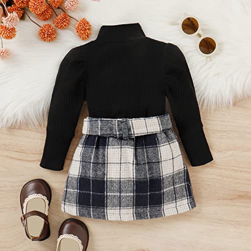 Toddler Baby Girl Fall Winter Skirt Set Turtleneck Ribbed Long Sleeve T-Shirt Top & Plaid Skirts Dress 2Pcs Outfits (J Black, 4-5 Years) #TOP2