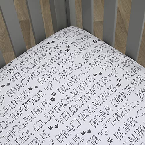 Image of NoJo Baby-Saurus 100% Cotton Gray and White Super Soft Word Print Fitted Crib Sheet