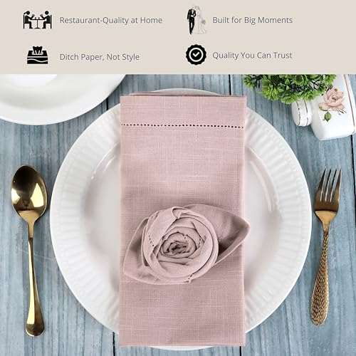 Image of FINGERCRAFT Hemstitched Cotton Table Napkins - Set of 6, 20x20 Inch, 100% Cotton Cloth Napkins with Faggoting Stitching - Durable & Elegant for Parties, Hotels, Everyday Use (Pink Slub)